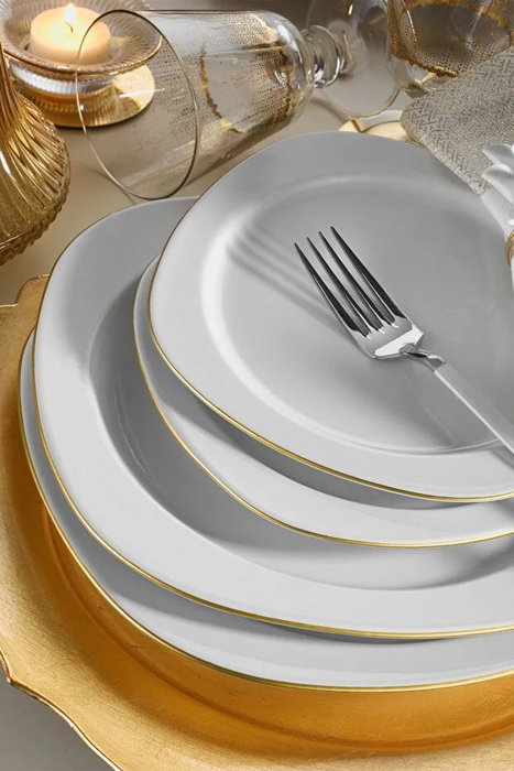 Hermia Juego de cena de porcelana LP24Y2520, 24 piezas, Blanco y dorado